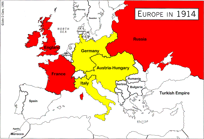 World Map 1914. A map showing the alliances in